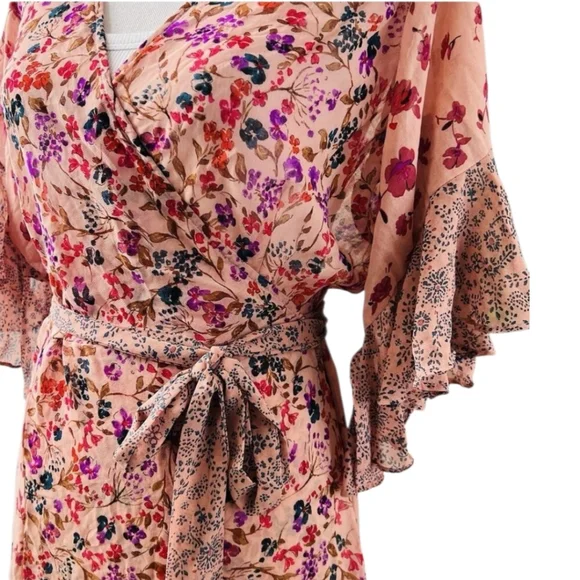 Lovestitch Priscilla Mauve Floral Flowy Wrap Maxi Dress Flutter Slvs Tie Belt LG - Picture 3 of 15